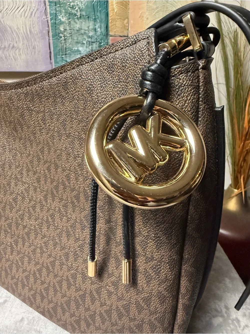 Michael Kors Hobo Brown Logo-Pattern Shoulder Bag with Black Strap